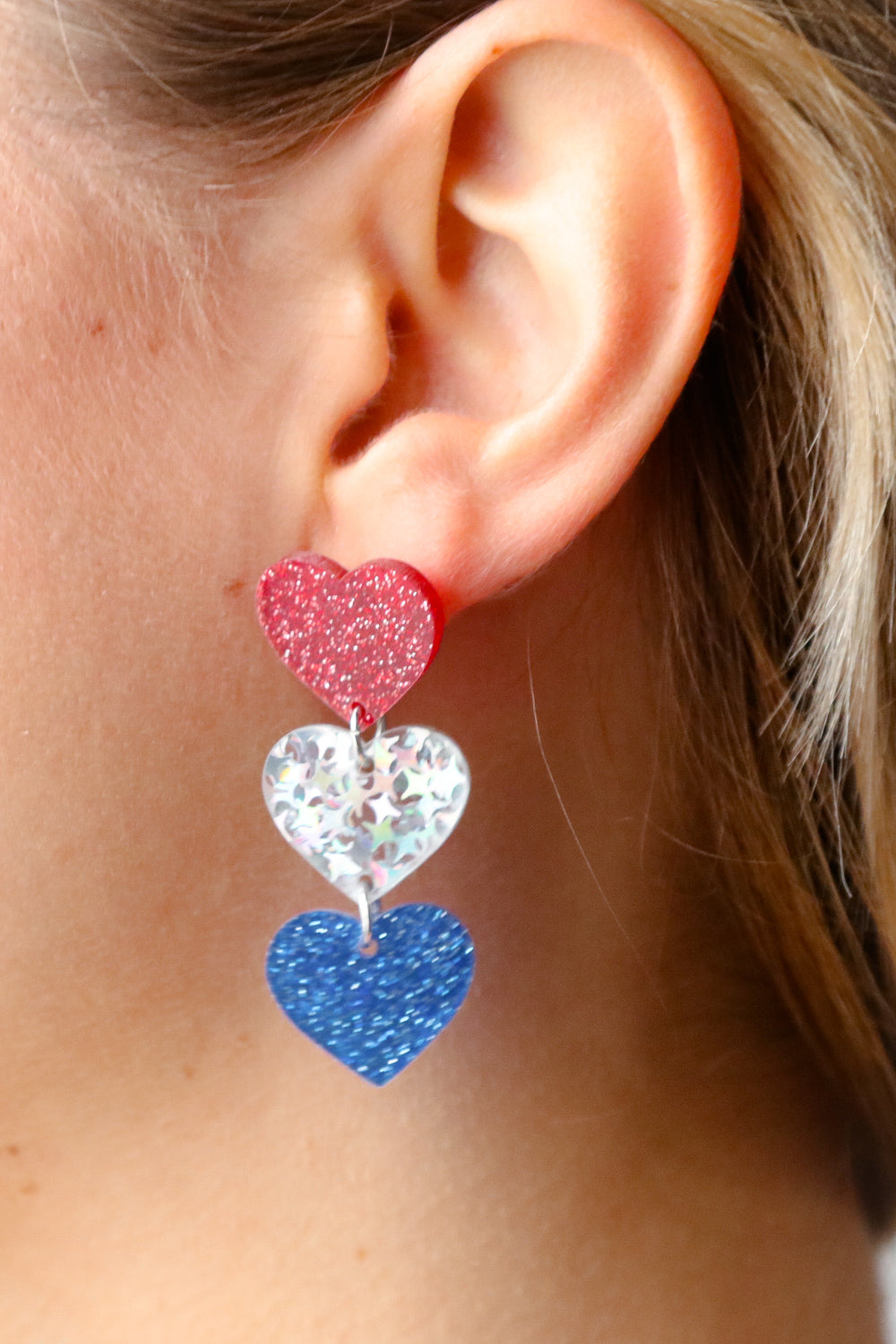 Patriotic Tiered Glitter Heart Resin Earrings