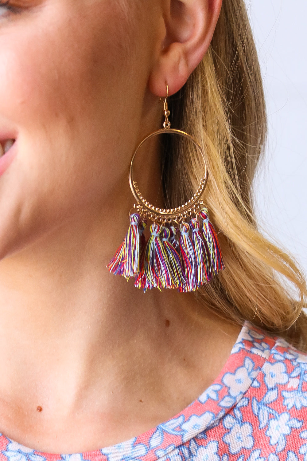 Mauve Multicolor Gold Fringe Tassel Earrings