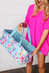 Rectangle Collapsible Watercolor Floral Canvas Blue Strap Tote