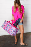 Rectangle Collapsible Floral Print Pink Strap Canvas Tote