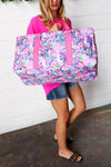 Rectangle Collapsible Floral Print Pink Strap Canvas Tote