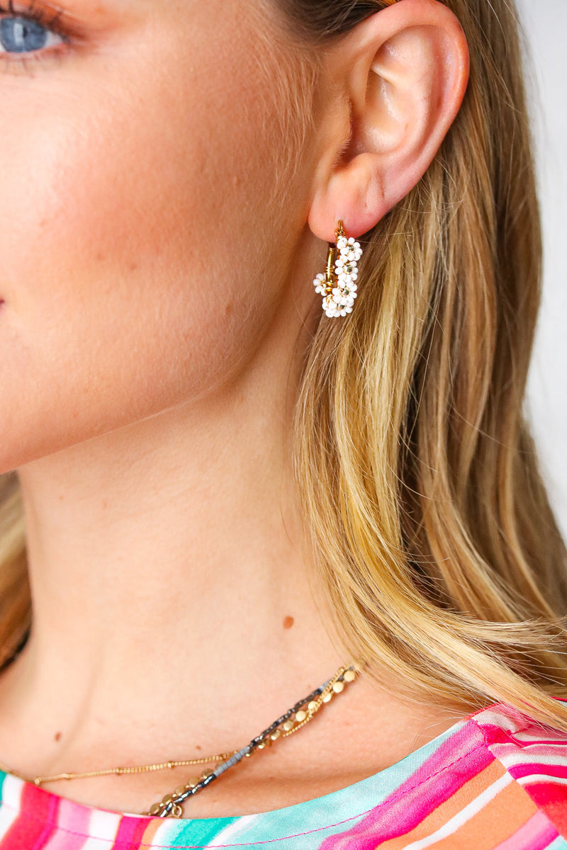 White/Gold Beaded Flower Mini Hoop Earrings