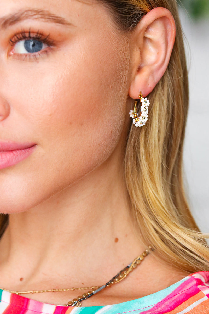 White/Gold Beaded Flower Mini Hoop Earrings