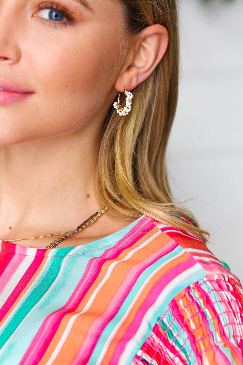 White/Gold Beaded Flower Mini Hoop Earrings