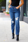 Blue Denim Boyfriend Fit Button Fly Distressed Jeans