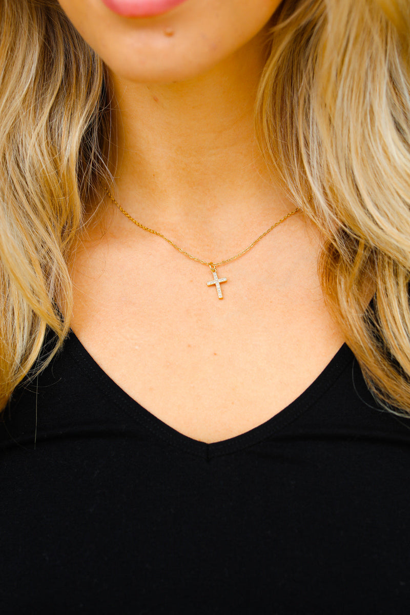 Gold Dainty Cross Rhinestone Pendant Necklace