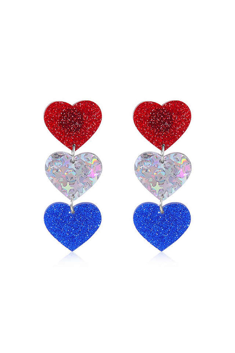 Patriotic Tiered Glitter Heart Resin Earrings