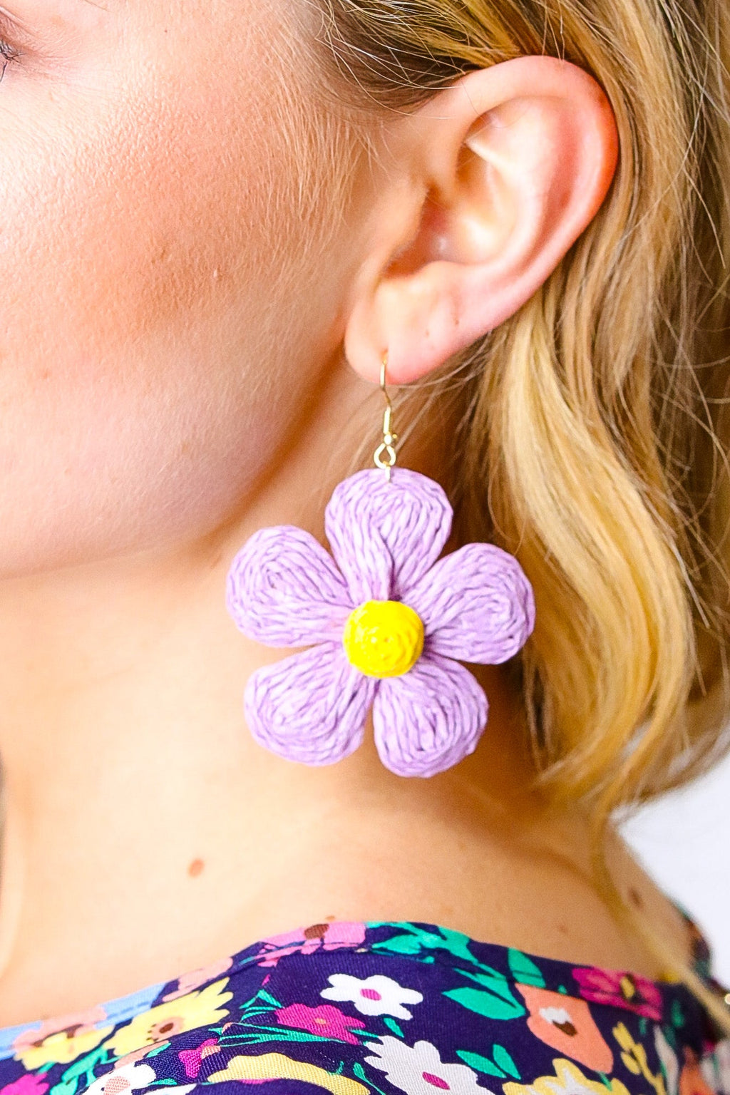 Lilac Handwoven Straw Flower Dangle Earrings