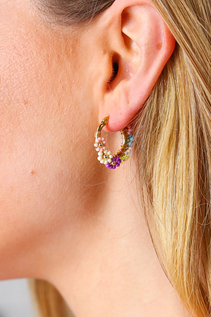 Multicolor Beaded Flower Mini Hoop Earrings