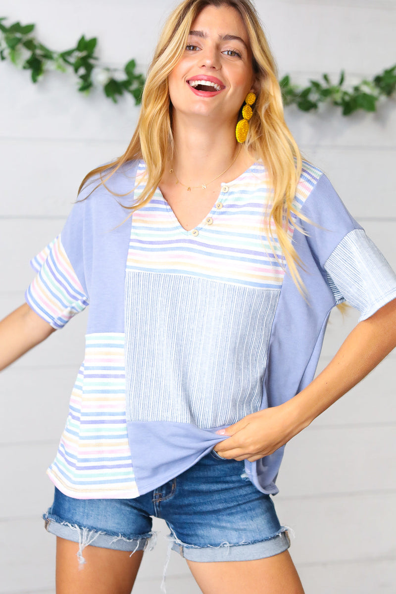 Blue Stripe V Neck Color Block Top