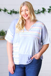 Blue Stripe V Neck Color Block Top