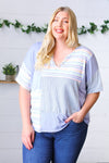 Blue Stripe V Neck Color Block Top