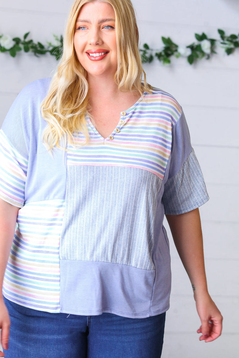 Blue Stripe V Neck Color Block Top