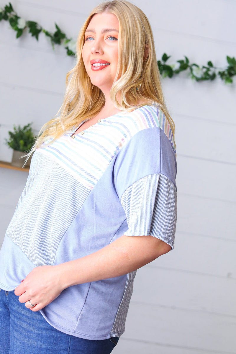 Blue Stripe V Neck Color Block Top