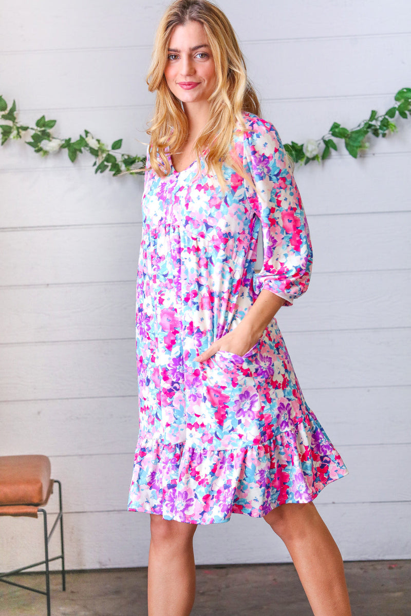 Liliac Floral Babydoll Ruffle Capped Sleeve Dress