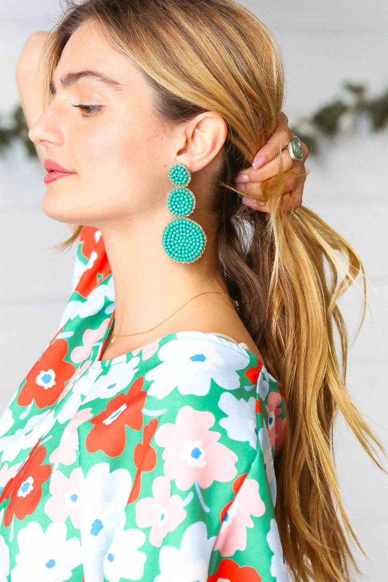 Turquoise Green & Gold Beaded Round Dangle Earrings