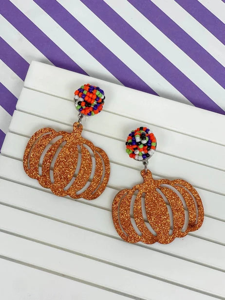 PREORDER: Beaded Post Glitter Pumpkin Dangle Earrings