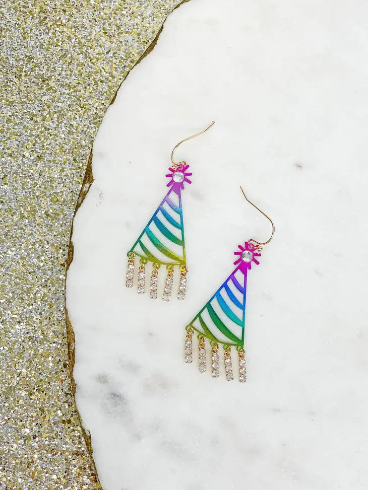 PREORDER: Rainbow Metallic Pave Birthday Hat Dangle Earrings