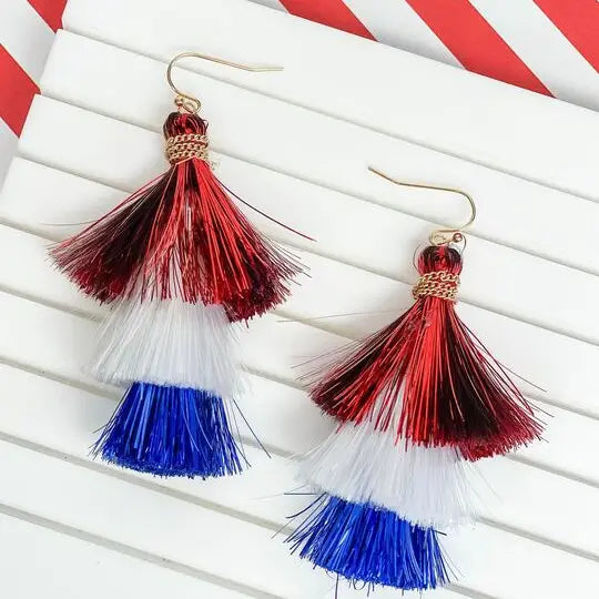 PREORDER: Patriotic Tinsel Tiered Tassel Earrings