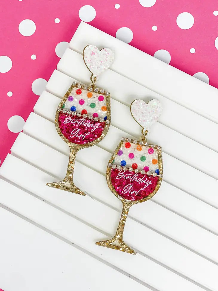 PREORDER: Glitter Birthday Wine Glass Dangle Earrings