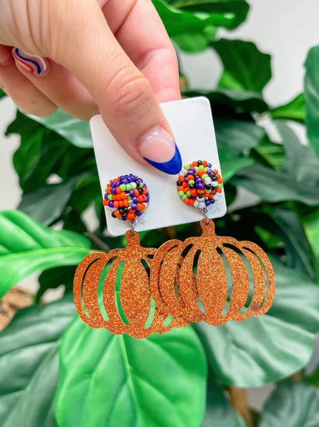 PREORDER: Beaded Post Glitter Pumpkin Dangle Earrings