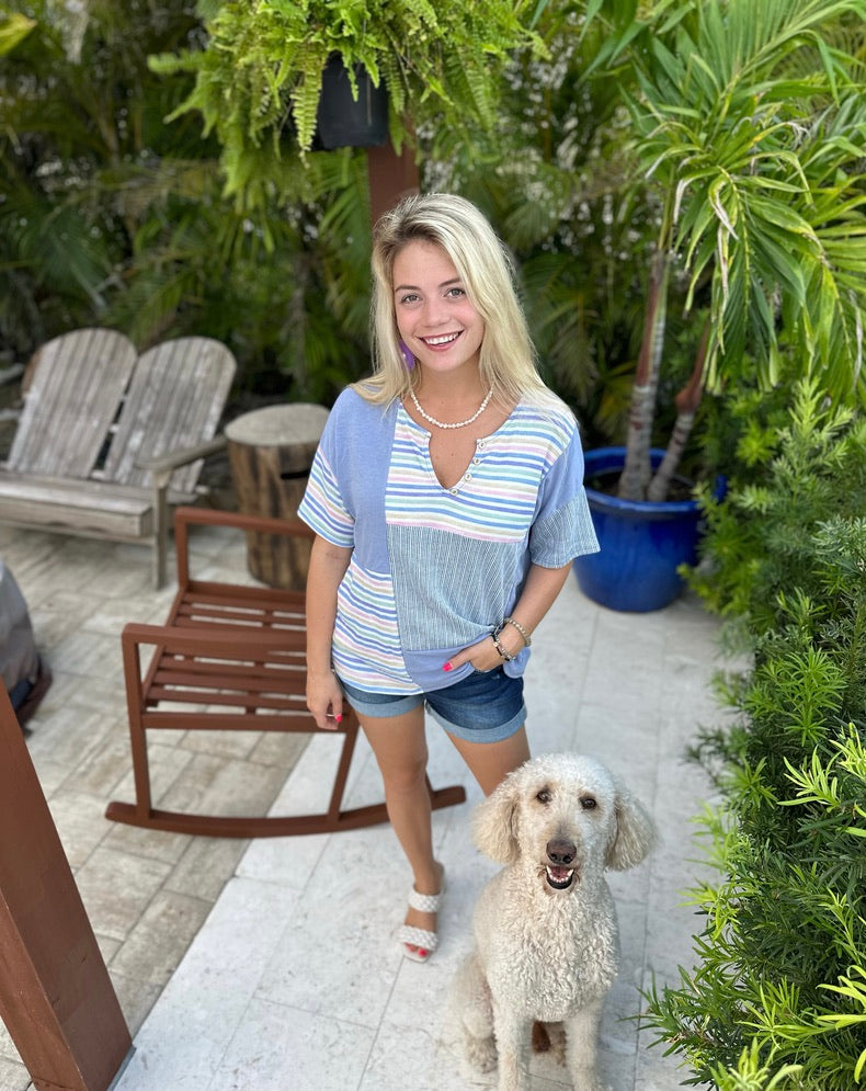 Blue Stripe V Neck Color Block Top