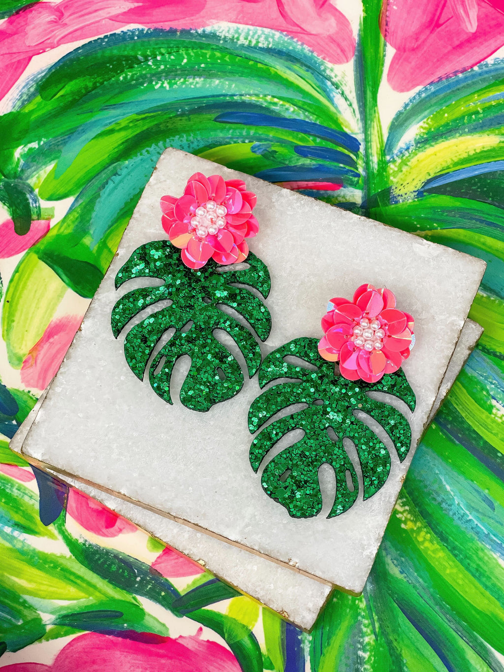 PREORDER: Floral Monstera Glitter Earrings