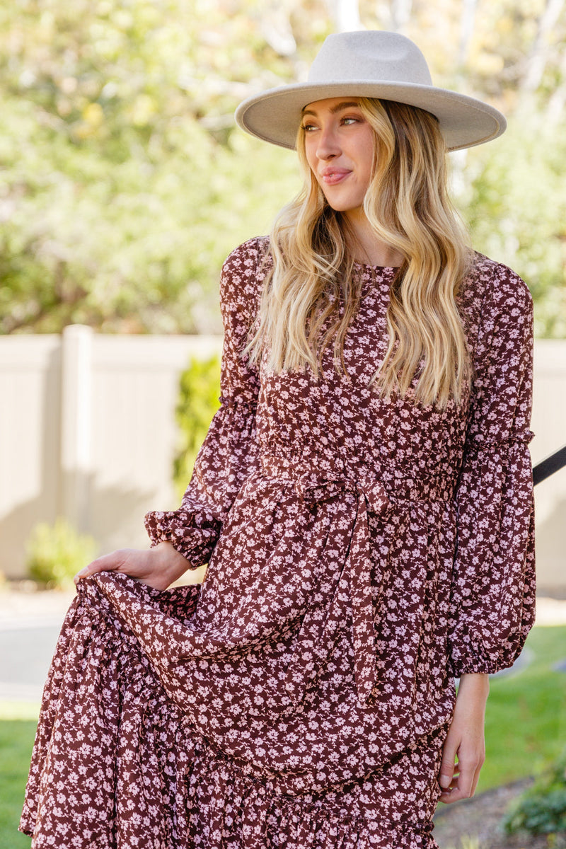 Flow With The Times Floral Midi Dress In Brown