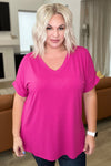 V-Neck Cuffed Sleeve Hi-Low Hem Top in Magenta