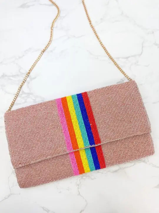 PREORDER: Rainbow Stripe Crossbody Chain Clutch in Two Colors