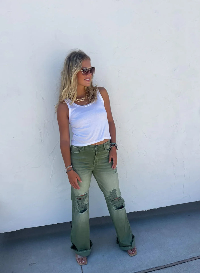 PREORDER: Blakeley Distressed Jeans In Olive and Camel Tall Inseam