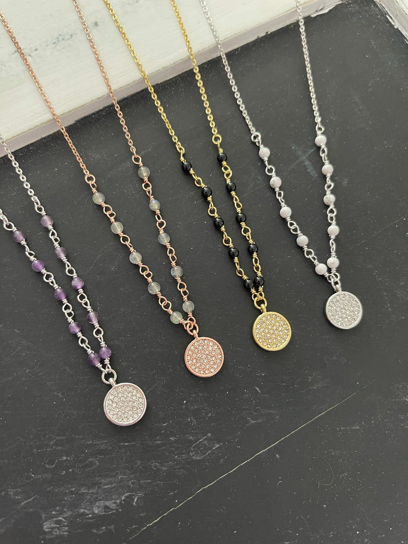 Pave Disc Necklace natural stone (multiple colors)